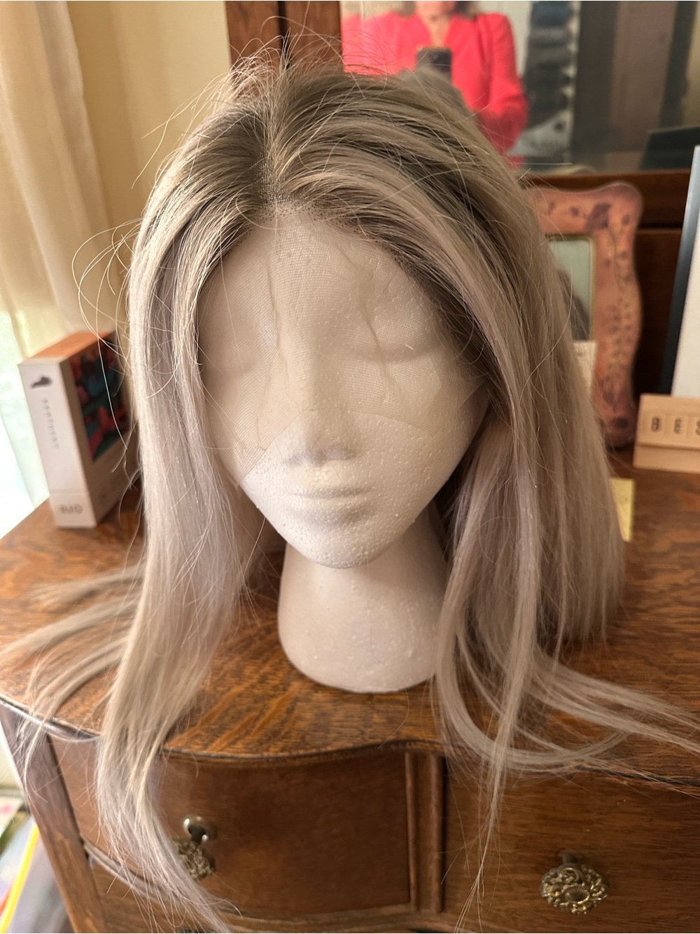 Human hair light Ash Blonde with grey overtones, rooted, Women's Lace Front Wig.